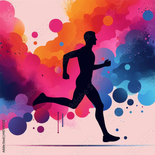 Intense Runner in Mid-Stride Against Swirling Multicolored Energetic Background