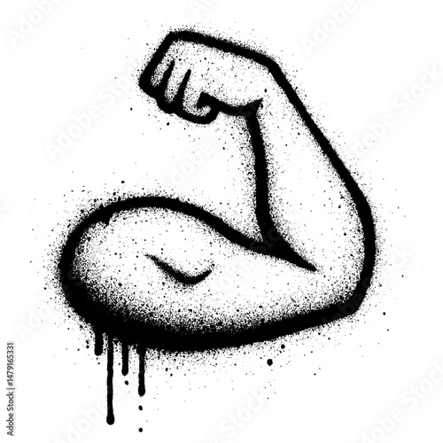 Black and white graffiti style illustration of a flexed muscular arm, created with a spray paint effect.