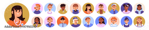 Set of children avatars with round shape. Colored circles with portraits of diverse happy kids. Cute faces of little boys and girls smiling. Flat isolated vector illustrations on white background