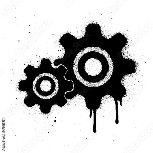 Urban graffiti style black and white illustration of two interlocking gear wheels with spray paint texture and dripping effect