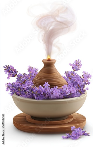 Lavender incense burner cone for aromatherapy clipart illustration. Aroma pyramid stick with smoke in ceramic bowl with purple avender flowers on wooden stand isolated on white background. High qualit