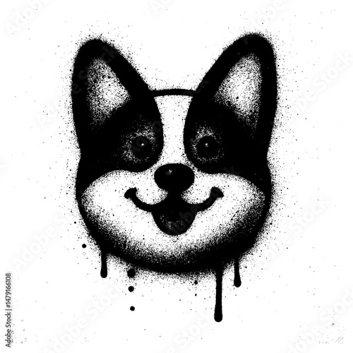 High contrast black and white graffiti-style stencil artwork of a cute corgi dog face.