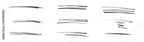 Black Charcoal Pencil Scribble Lines Set, Hand-Drawn Texture Strokes on White Background Isolated
