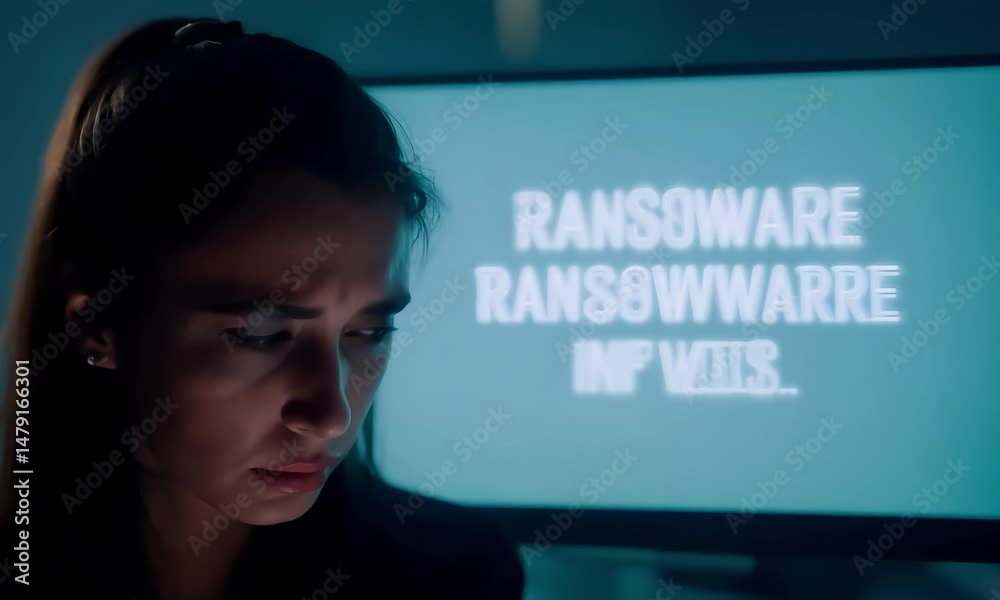 A woman looking at a computer screen displaying a ransomware message, illustrating a cybersecurity threat and data breach scenario.