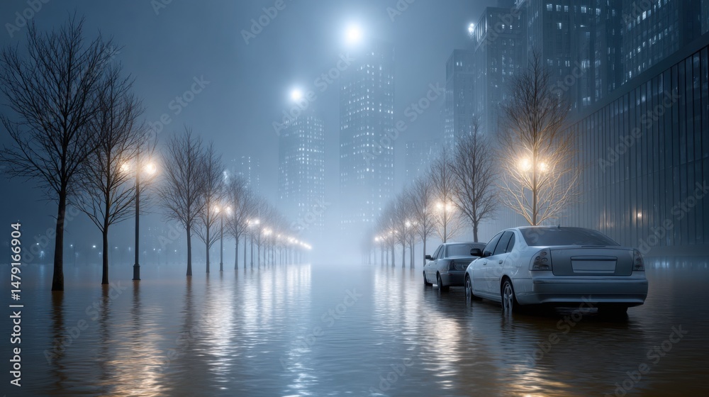 Fototapeta premium Flooded city street with half-submerged cars, murky water reflecting streetlights, and abandoned buildings in the background