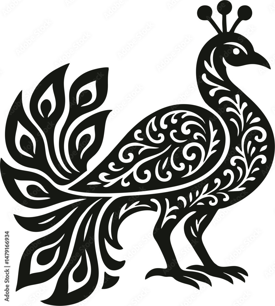 Fototapeta premium Ornamental peacock vector in flat black and white