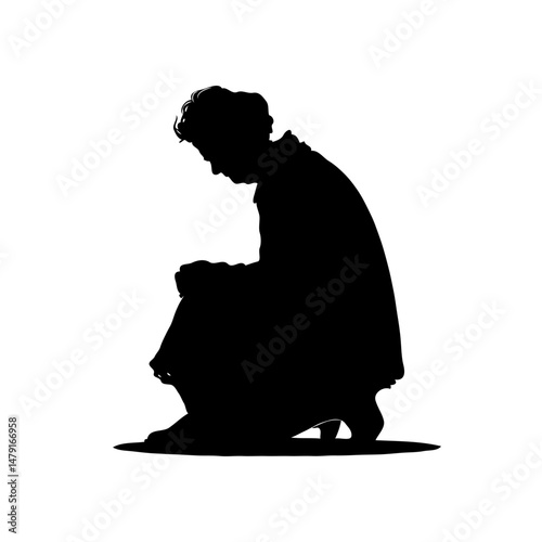 Silhouette of a kneeling person in profile, head bowed and hands clasped, on a white background. Concept of prayer or reflection