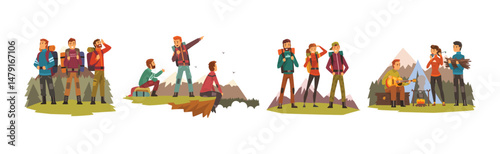 People Tourists with Backpack Hiking and Trekking Vector Set
