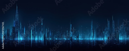 Futuristic city skyline at night, illuminated by glowing light beams.