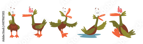 Funny Green Duck Character as Feathered Waterfowl Bird Vector Set