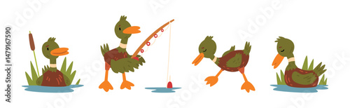 Funny Green Duck Character as Feathered Waterfowl Bird Vector Set