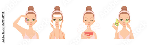 Woman Enjoy Skin Care Routine Daily Procedure Vector Set