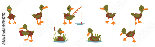 Funny Green Duck Character as Feathered Waterfowl Bird Vector Set