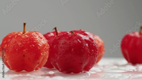 Acerola Cherries With Water Droplets In Elegant Still Life