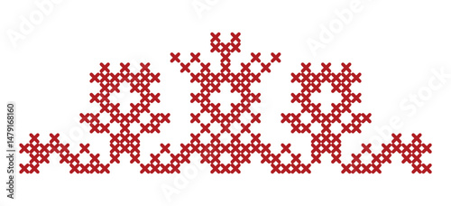 Decorative cross stitch pattern with red figures for embroidery design