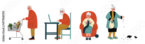 Active Senior Man and Woman Character Enjoy Different Activity Vector Set