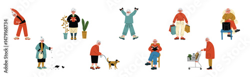 Active Senior Man and Woman Character Enjoy Different Activity Vector Set