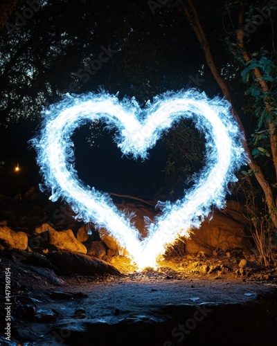 Light painting heart in forest at night long exposure photography romantic symbol of love in nature magical atmosphere