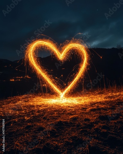 Heart shape made with sparklers at night in a field artistic long exposure photography romantic scene dark sky