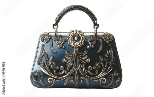 Black purse with gold accents and a flower design on transparent or white background