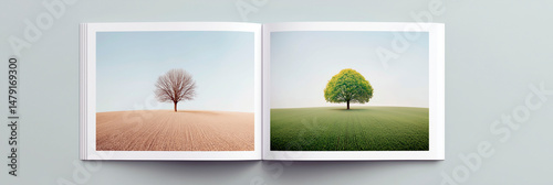 Open photo book showing contrasting images of a single tree in winter and summer on minimal landscapes
