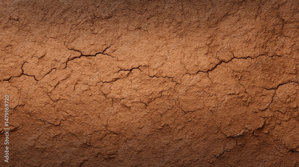 Fototapeta premium Rust-colored clay soil with fine horizontal cracks and dense compact texture, evenly lit macro view 