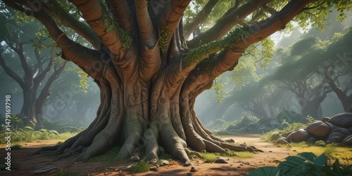Ancient tree trunk, lush exotic vines, vibrant leaves , image, vine