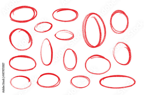 Hand-Drawn Red Marker Circles and Ovals Set on White Background