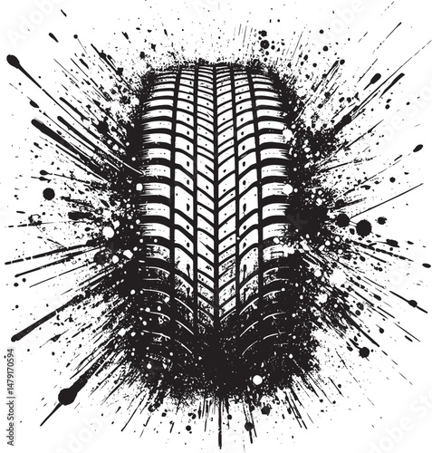 Black ink splatters surround a detailed tire tread, symbolizing motion, creativity, and design inspiration. Perfect for automotive themes, artistic projects