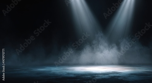 Dramatic spotlight illumination on a smoky stage floor.