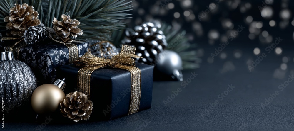 Naklejka premium Elegant Christmas Presents with Pine Branches, Silver Ornaments, and Gold Accents on Dark Background
