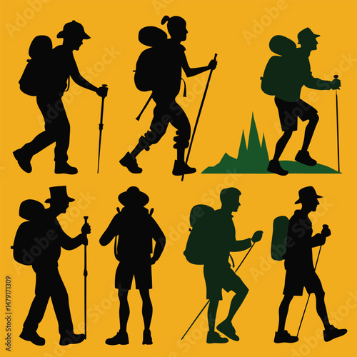 Collection of Hiker Poses Vector Silhouette Art