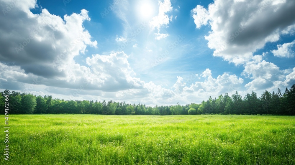 Obraz premium Serene Summer Meadow Landscape Under a Bright Sky