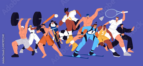 Group of sportsmen and sportswomen stands together. Banner with athletes of different kinds of sport: football, basketball, baseball, jogging, boxing, weightlifting. Flat isolated vector illustration