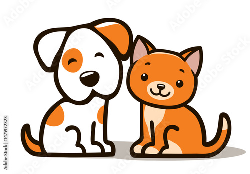 cartoon illustration features a orange cat and a dog sitting side by side