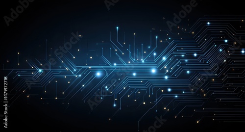 Abstract digital circuit board design on dark background.