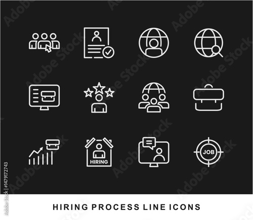 Hiring Process Line Icons. Recruitment, Job Application, Interview, Candidate Selection Vector Set