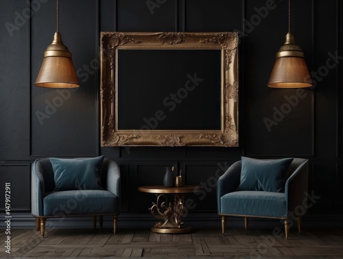 Old frame mock up close up on black wall