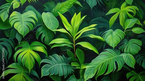 Lush Botanical Array: A mesmerizing illustration of diverse green leaves, showcasing the intricate details and variations found in a vibrant plant ecosystem. 