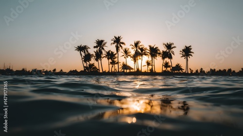 shoreline at sunset with glowing water and silhouettes of palms