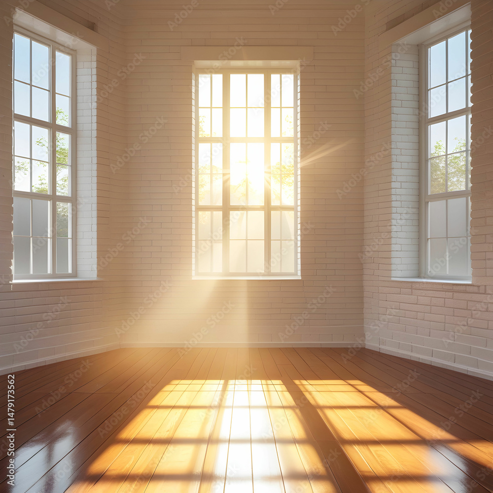 Fototapeta premium A tranquil white brick room with tall windows and worn wooden floors,