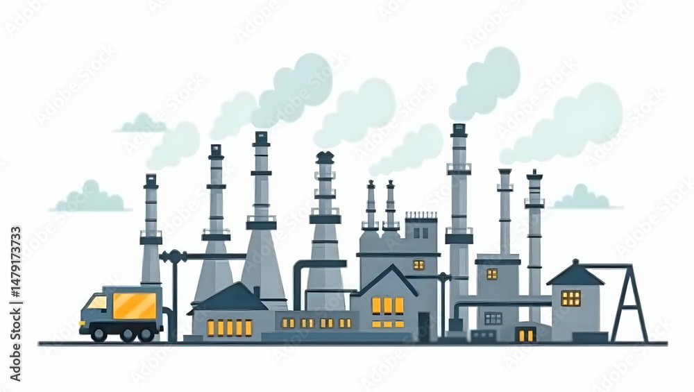 Obraz premium Flat Comprehensive evaluation of crude oil refining emissions assessing environmental impact efficiency measures regulatory compliance and emission control strategies to drive cleaner production in S