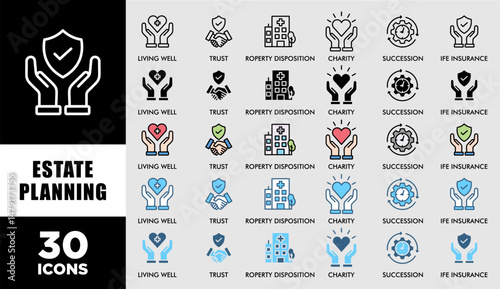 ESTATE PLANNING icon set with various styles and colors customer satisfaction questionnaire of living well, trust, property disposition, charity, succession, life insurance perfect symbol background