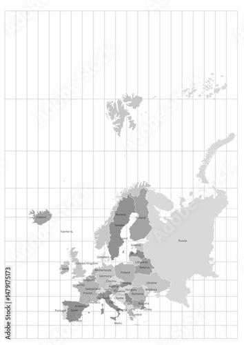 Europe vector map with country names, boundaries and graticules (Mercator projection, 5 degree interval graticules, PPT-compatible & fully editable)