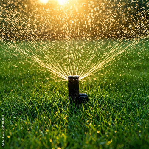 Automatic garden irrigation system watering lawn. Water droplets misting in sunlight. Savings of water from sprinkler irrigation system. Automatic equipment for irrigation and maintenance of lawns. 