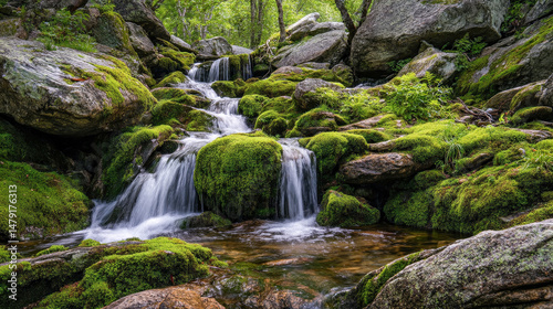 Cascading Waterfall in Lush Green Forest, Nature Scenery. Generative AI