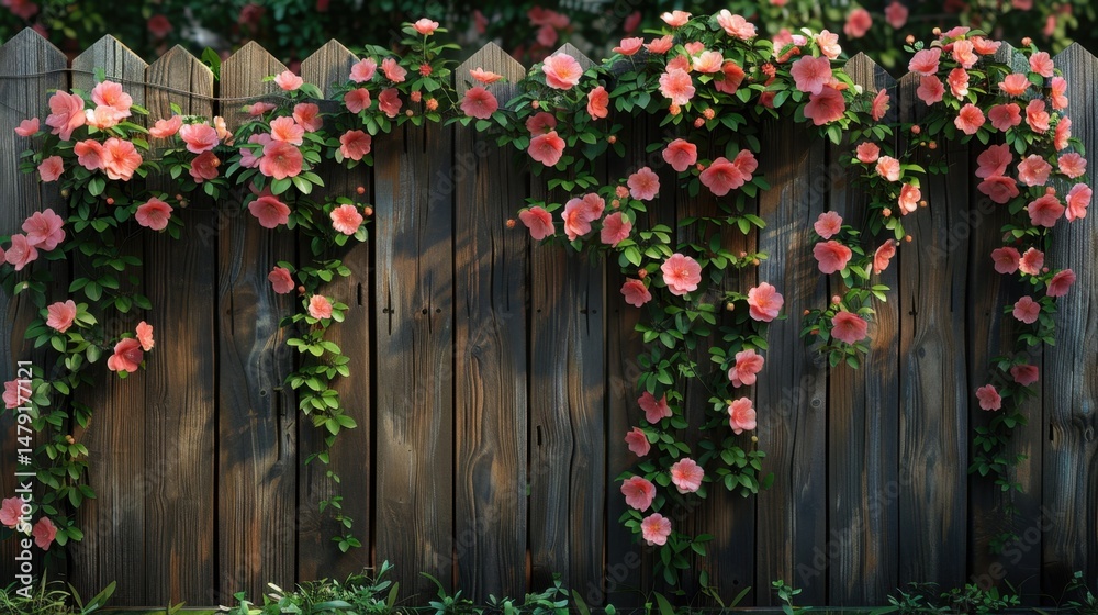Fototapeta premium Backyard fence covered with flowering vines