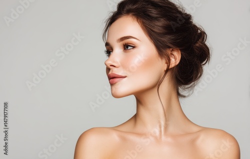 Elegant woman's profile view against a neutral backdrop.