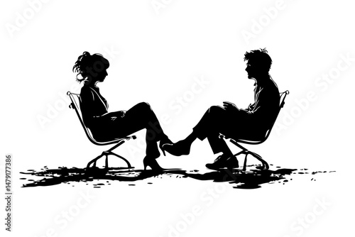 Two people sitting face to face on chairs, silhouette style, on a white background. Concept of conversation or therapy. Concept of psychotherapy session