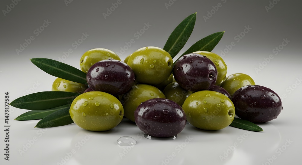 Obraz premium Olive Assortment with Leaf and Water Droplet